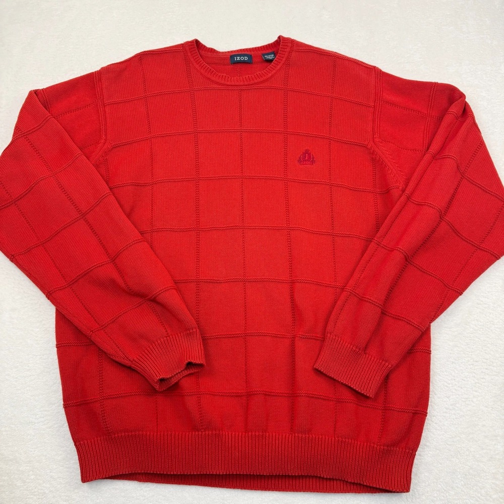 Vintage IZOD Crewneck Sweater Mens XL Red Windowpane Knit Cotton Preppy‎